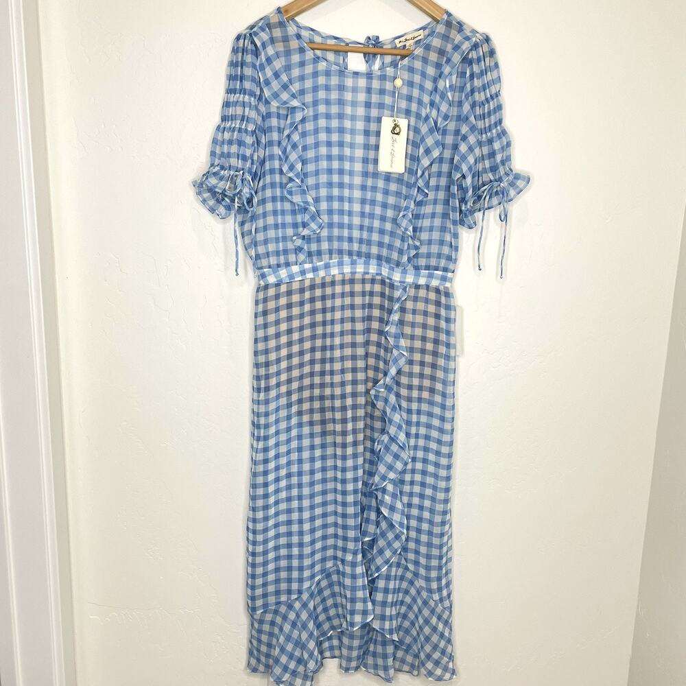 Light Blue Gingham Ruffle Midi Dress